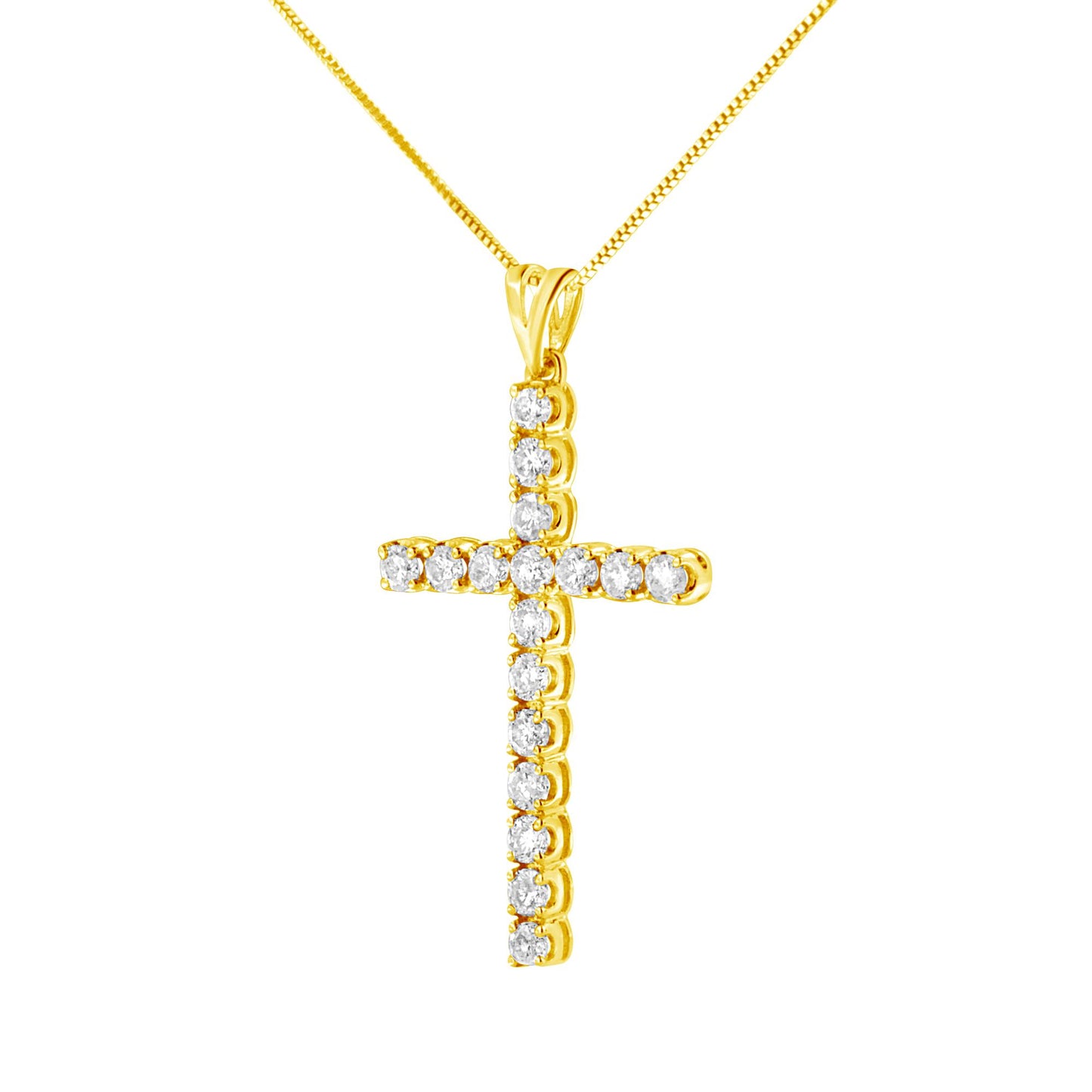 Front-facing shot of a yellow metal cross-shaped necklace pendant with round white gemstones in prong settings, on a matching chain.
