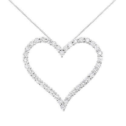 Front view of a white metal heart-shaped necklace pendant featuring round white gemstones in prong settings.