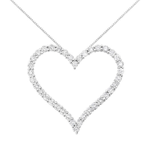 Front view of a white metal heart-shaped necklace pendant featuring round white gemstones in prong settings.