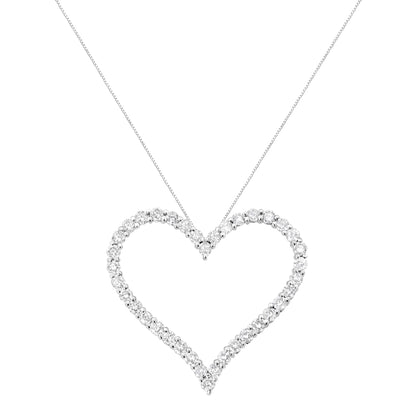 Front view of a white metal heart-shaped necklace pendant outlined with round white gemstones in prong settings on a fine chain.