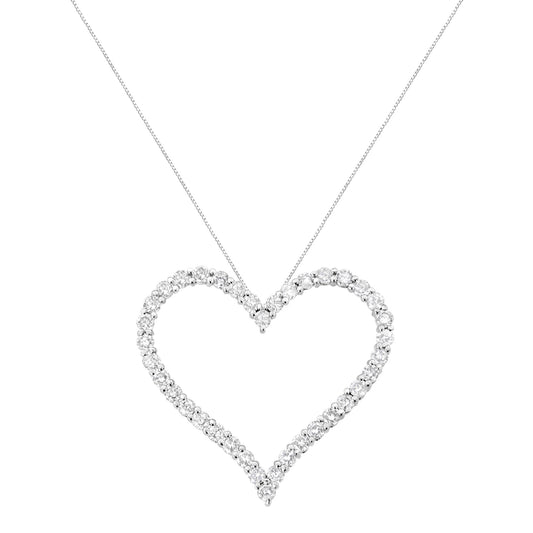 Front view of a white metal heart-shaped necklace pendant outlined with round white gemstones in prong settings on a fine chain.