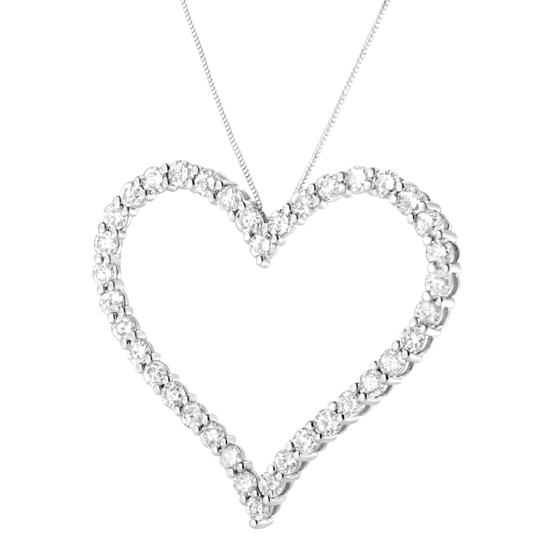 White metal heart-shaped necklace pendant with round white gemstones in prong settings, shown in a front-facing close-up angle.