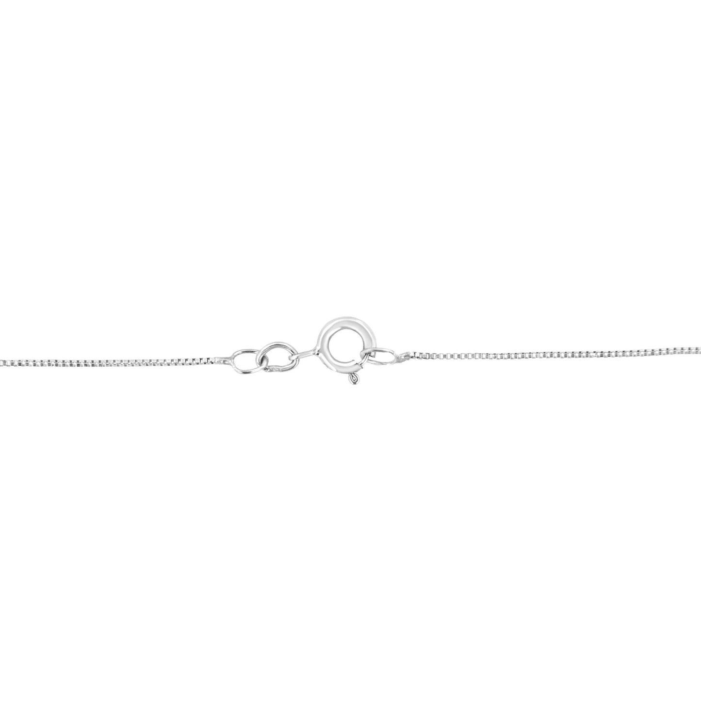 Close-up of a white metal necklace clasp and chain viewed from the front.