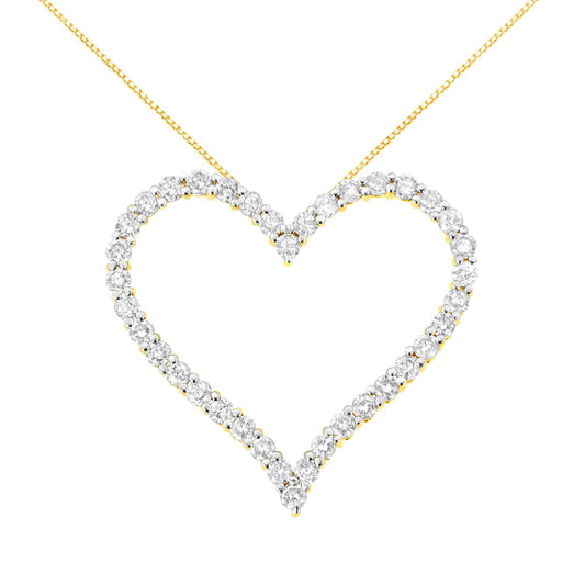 Front-facing view of a yellow necklace with a heart-shaped pendant outlined by prong-set round white gemstones.