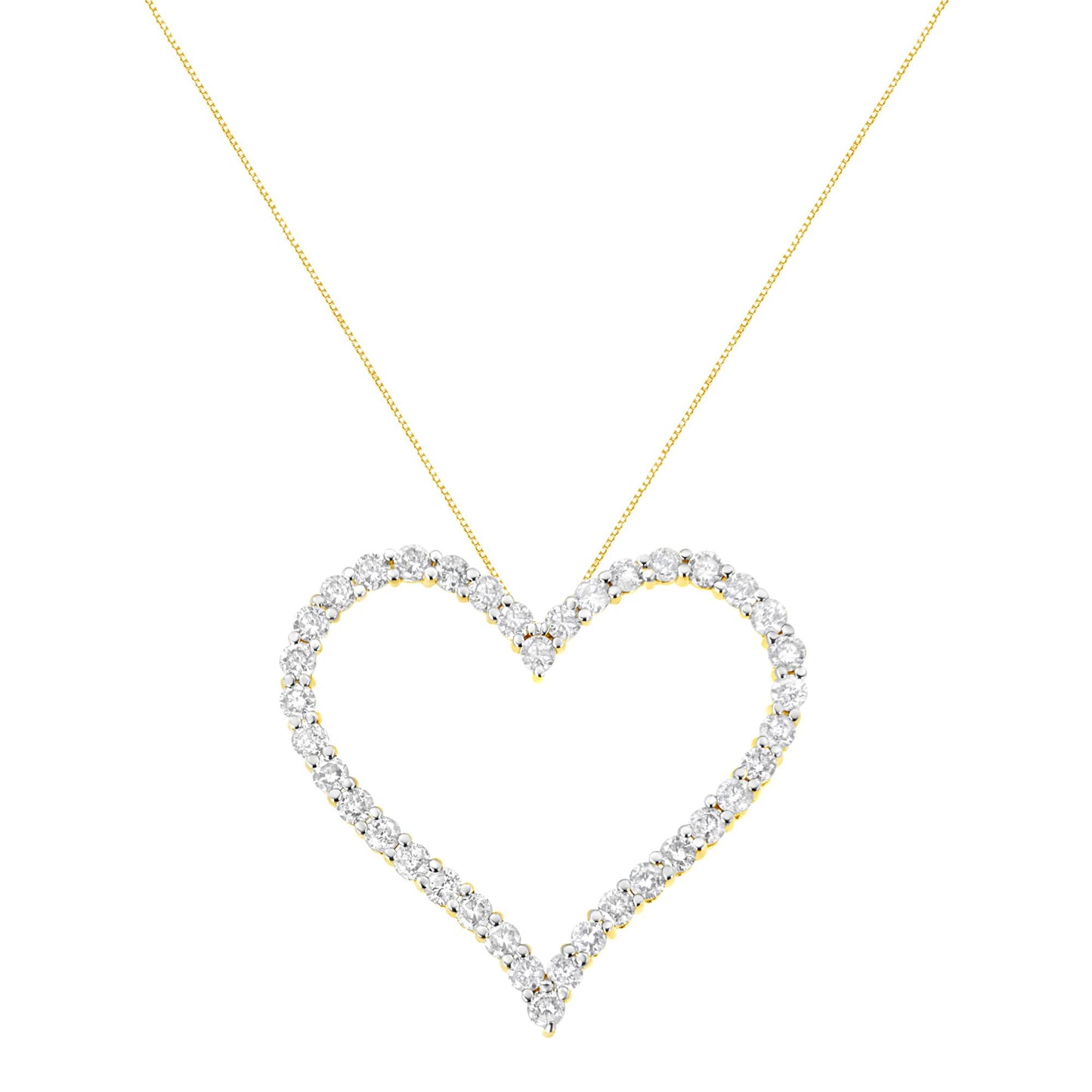 Front view of yellow metal heart-shaped necklace pendant with round white gemstones in prong settings, on a matching chain.