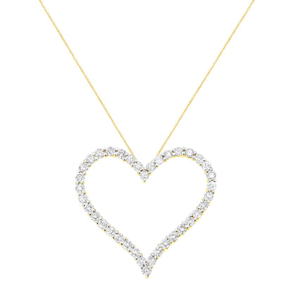 Front view of yellow metal heart-shaped necklace pendant with round white gemstones in prong settings, on a matching chain.