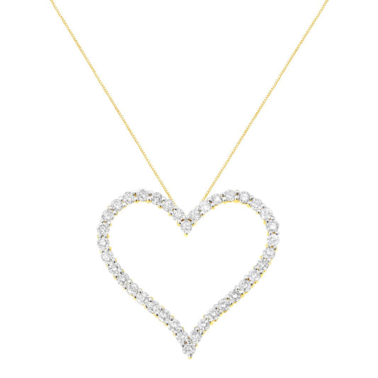 Front view of yellow metal heart-shaped necklace pendant with round white gemstones in prong settings, on a matching chain.