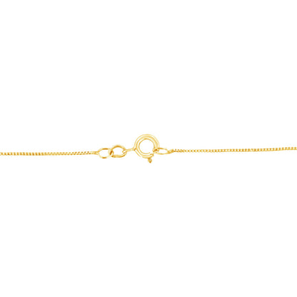 Close-up view of yellow metal necklace clasp and chain section, horizontal orientation, plain white background.