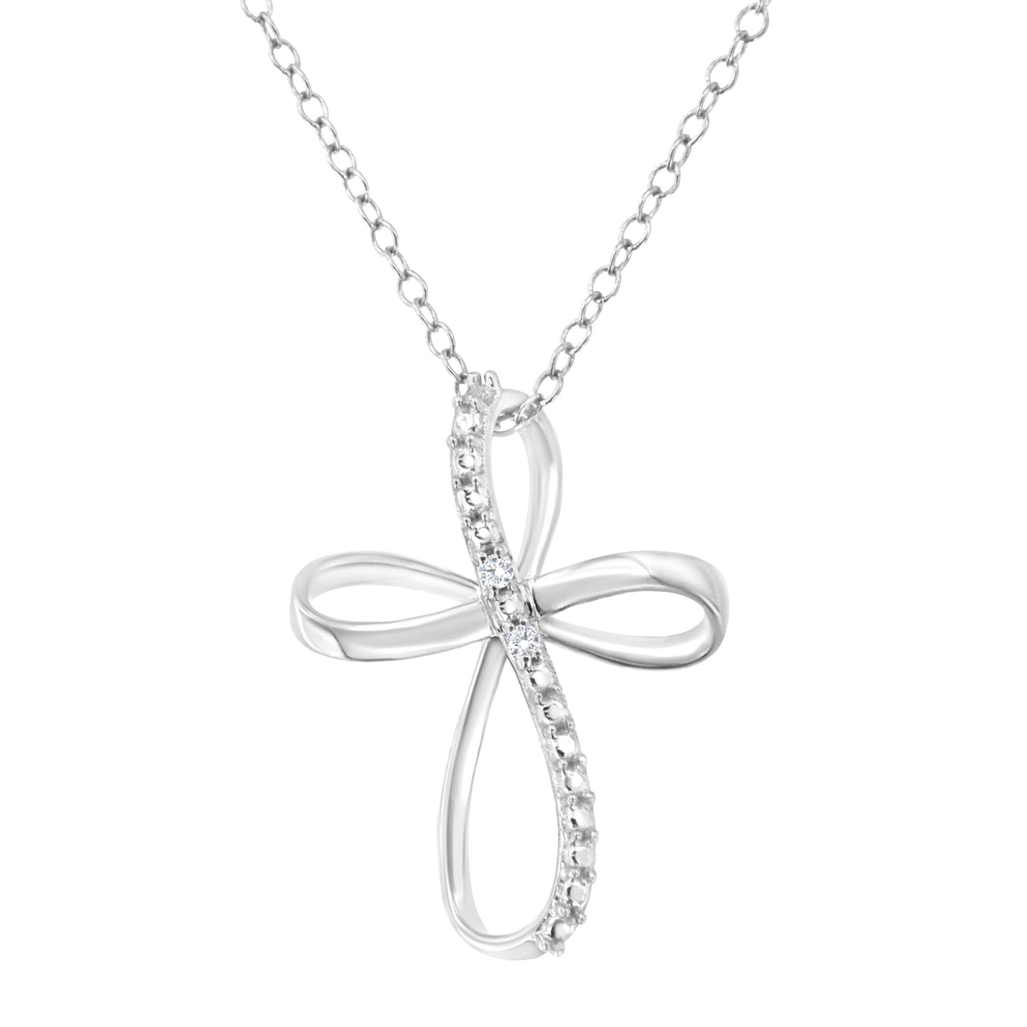 Front view of a white metal necklace with a cross-shaped pendant featuring a ribbon-like design and two round white gemstones in prong settings along one side.