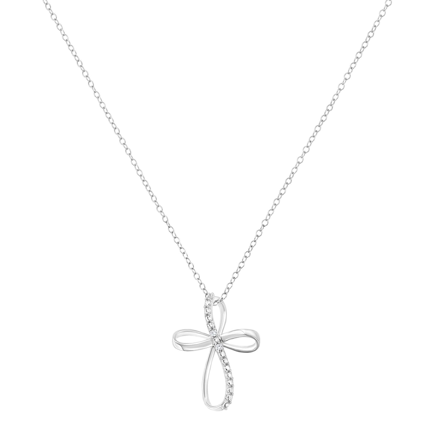 White metal necklace with a cross pendant featuring two rows of small round white gemstones in prong settings, shown from the front.