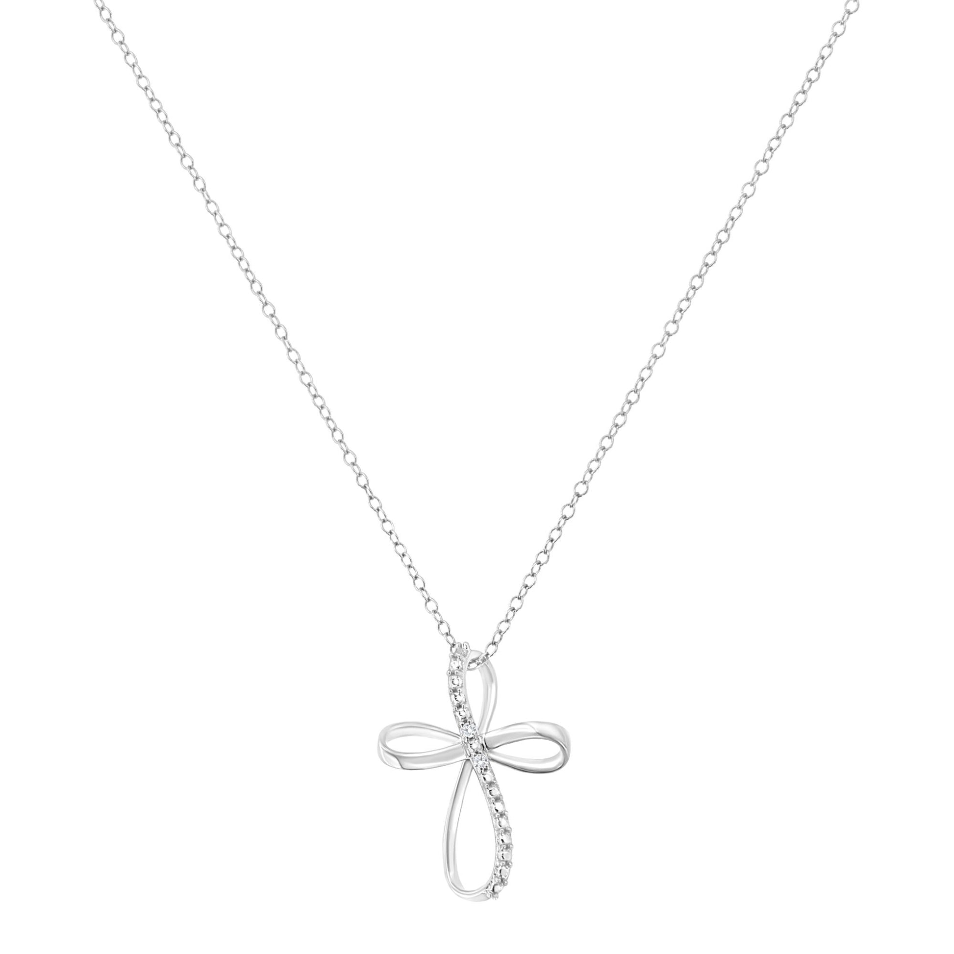 White metal necklace with a cross pendant featuring two rows of small round white gemstones in prong settings, shown from the front.