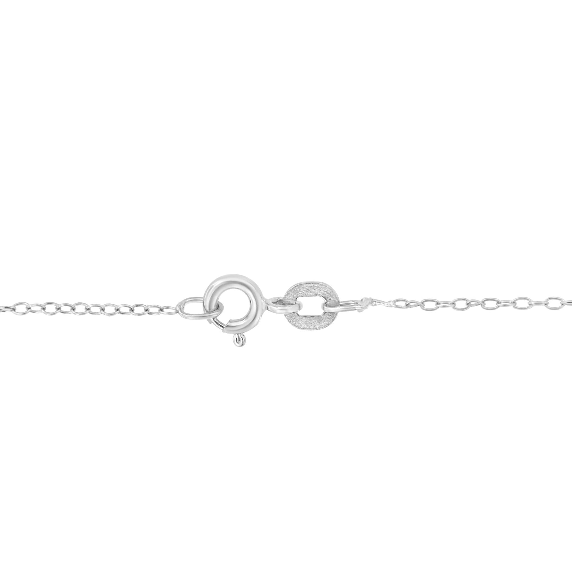 Close-up of white metal necklace chain and spring ring clasp viewed from the front on a white background.