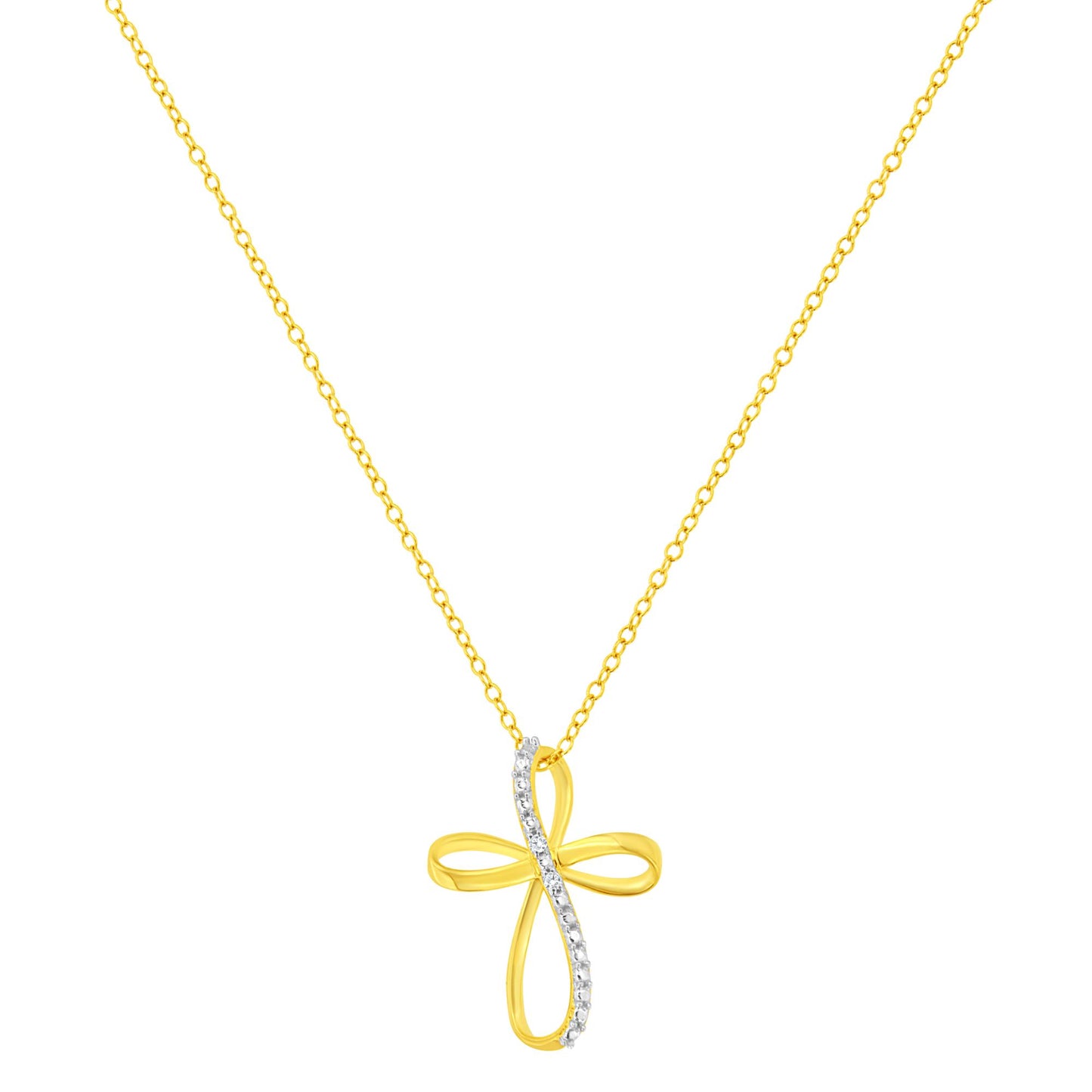 Front-facing view of yellow metal necklace with cross-shaped pendant featuring a curved line of white round gemstones in prong settings.