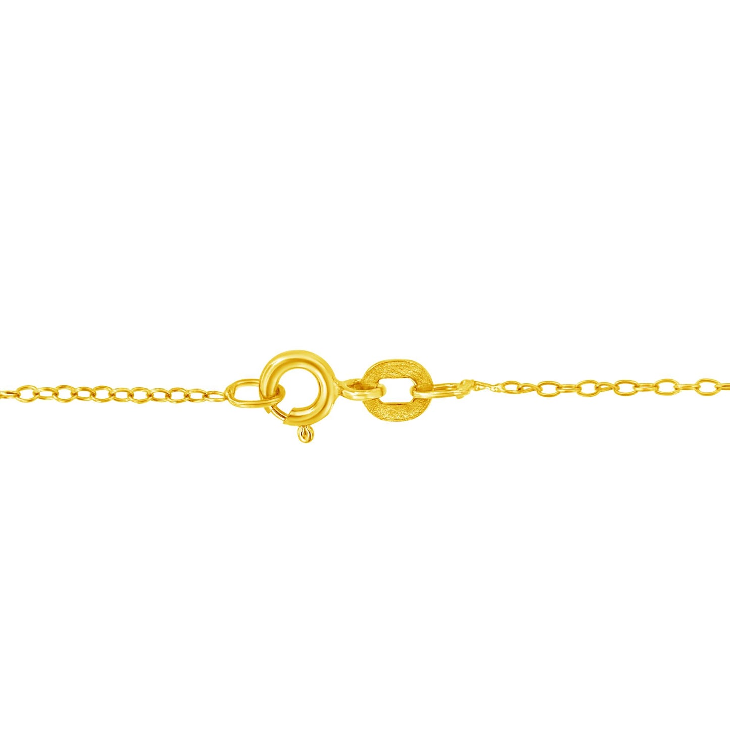 Close-up side angle of a yellow metal necklace clasp with linked chain.