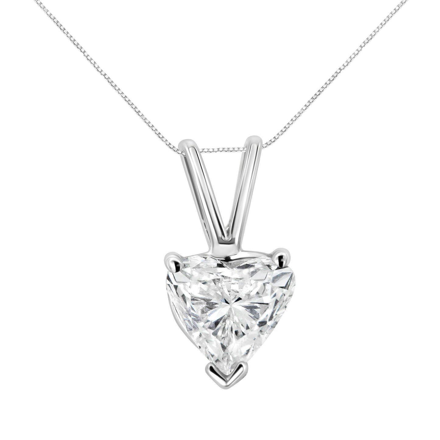 Front-facing close-up of a white metal necklace with a heart-shaped white gemstone pendant in a three-prong setting.