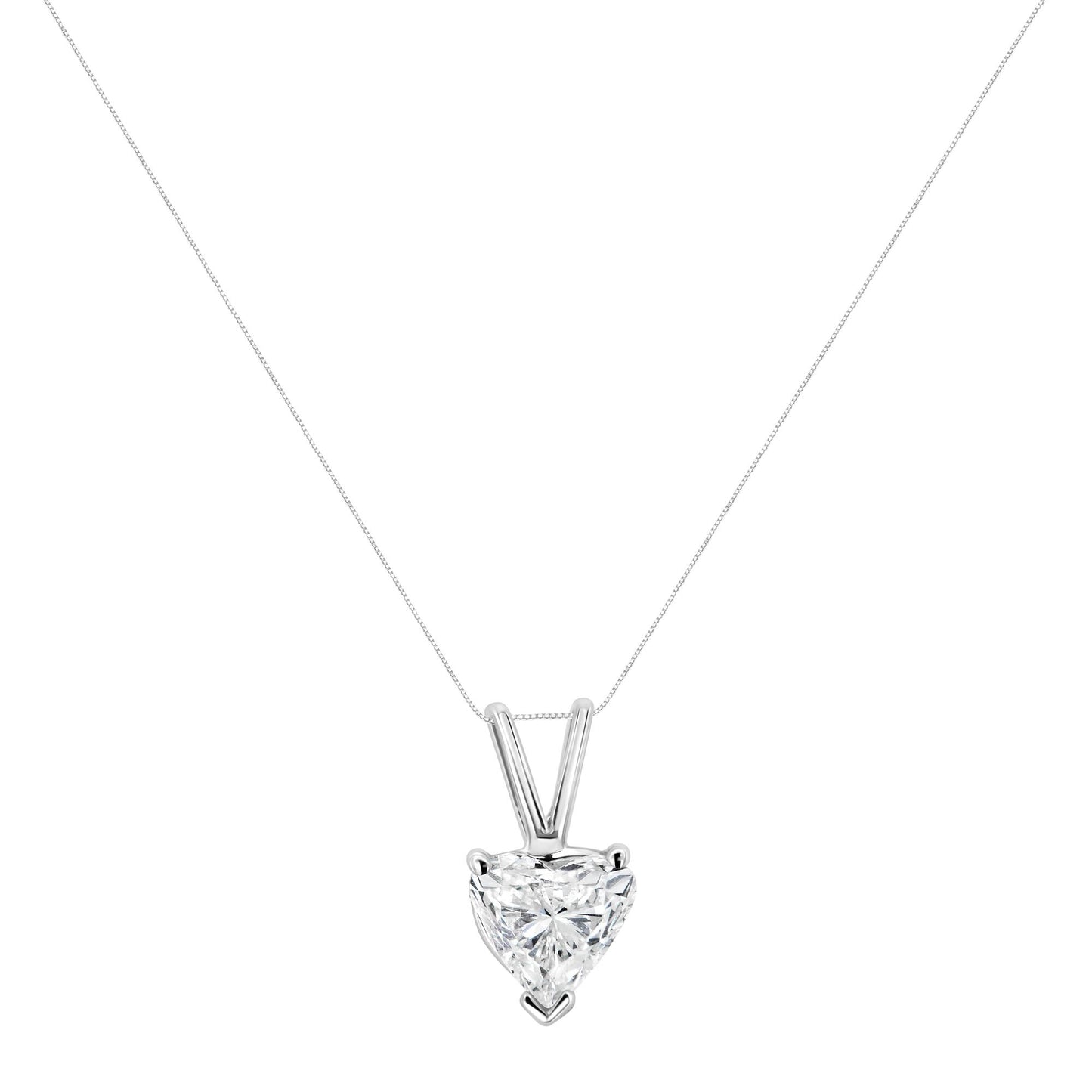 Front view of white metal necklace with heart-shaped white gemstone pendant in 3-prong setting.