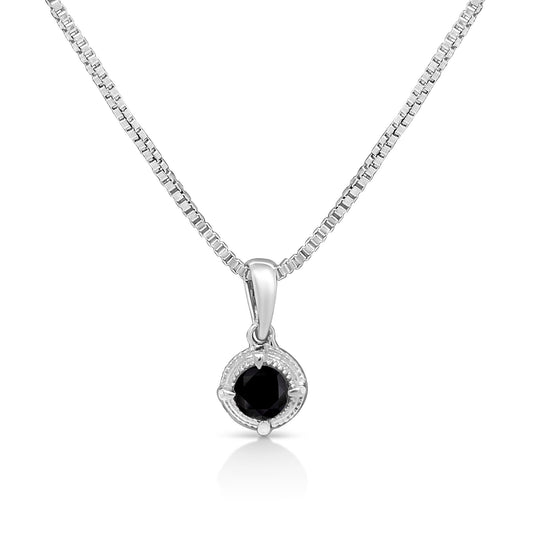Front view of a white metal necklace with a pendant featuring a round black gemstone in a four-prong setting.