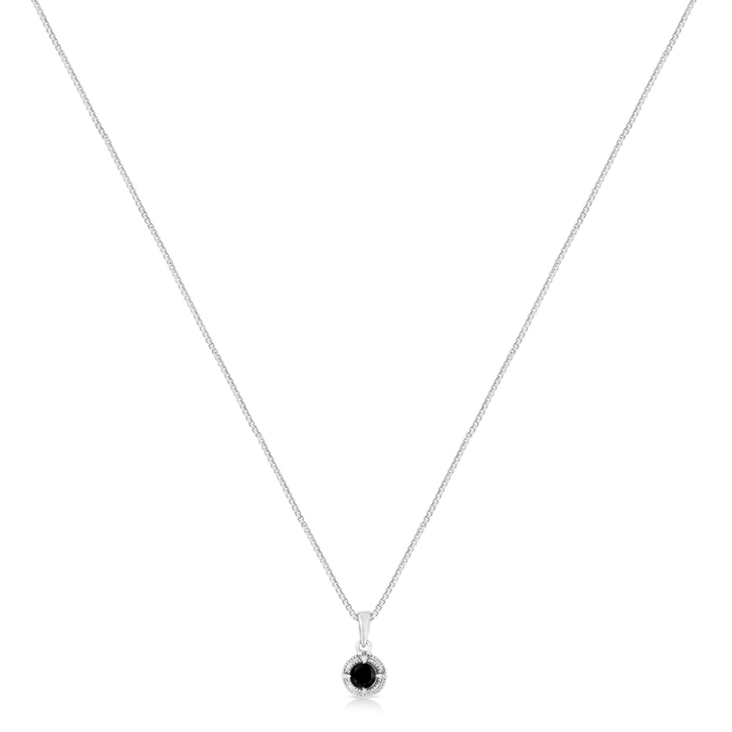 White necklace shown from the front with a round black gemstone in a 4-prong setting pendant.