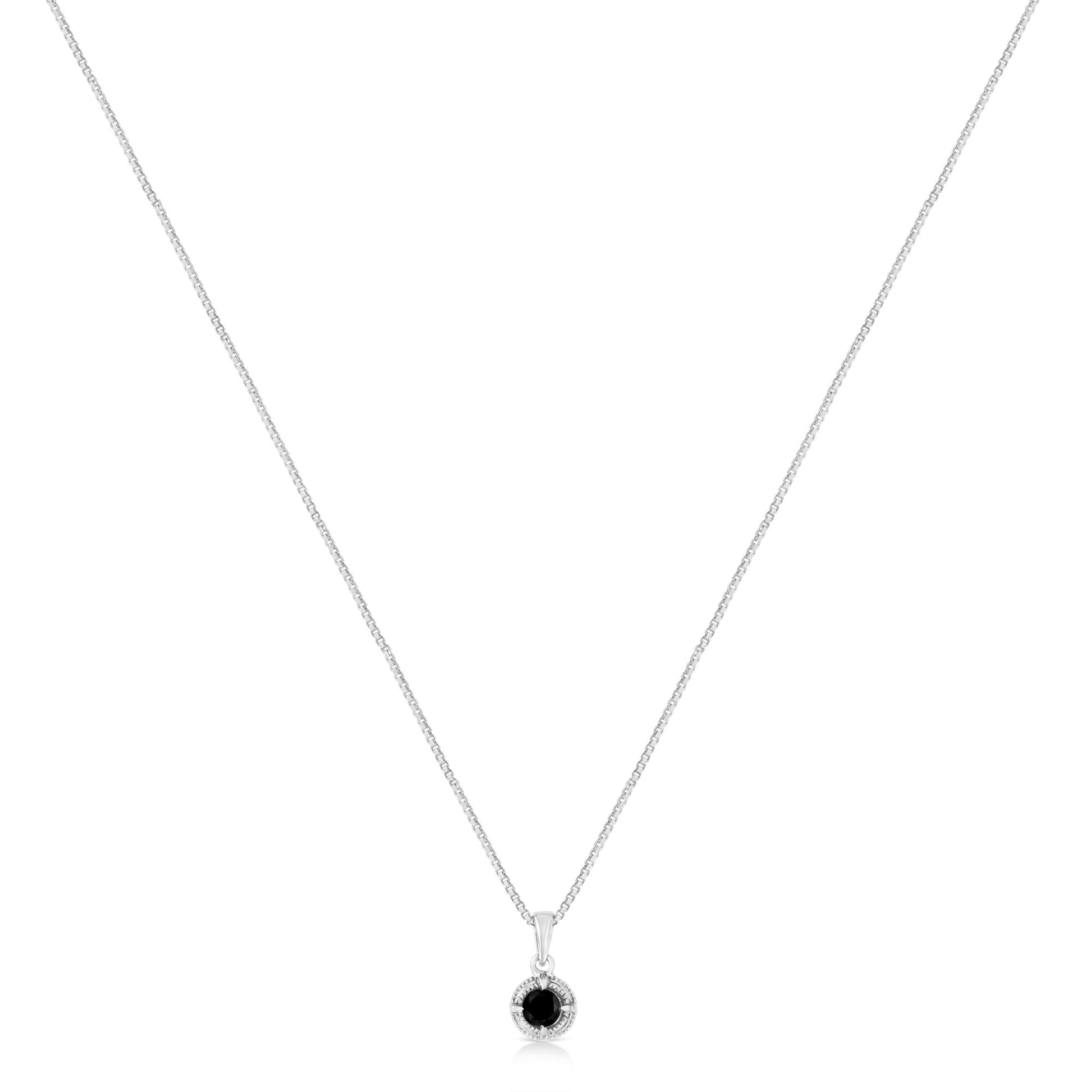 White necklace shown from the front with a round black gemstone in a 4-prong setting pendant.