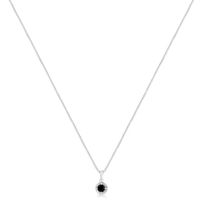 White necklace shown from the front with a round black gemstone in a 4-prong setting pendant.