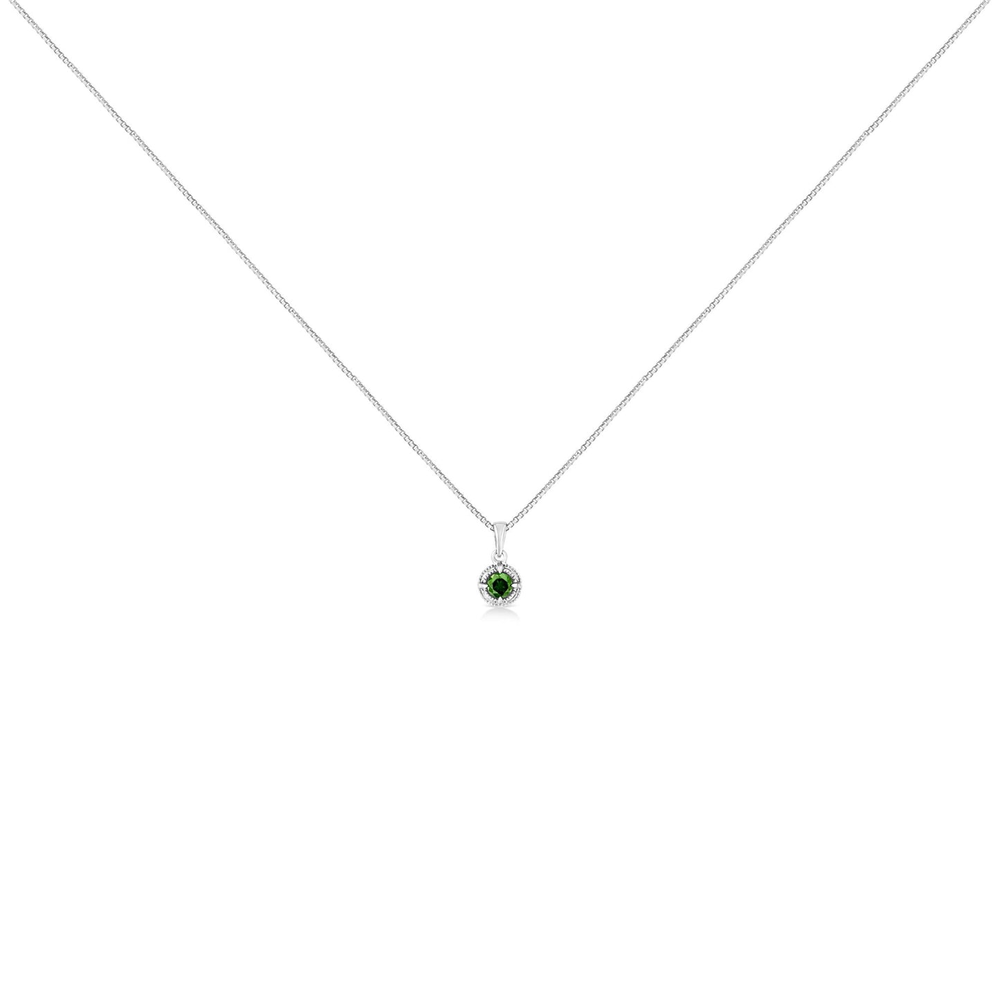 Front view of a white metal necklace with a round green gemstone in a 4-prong setting pendant.