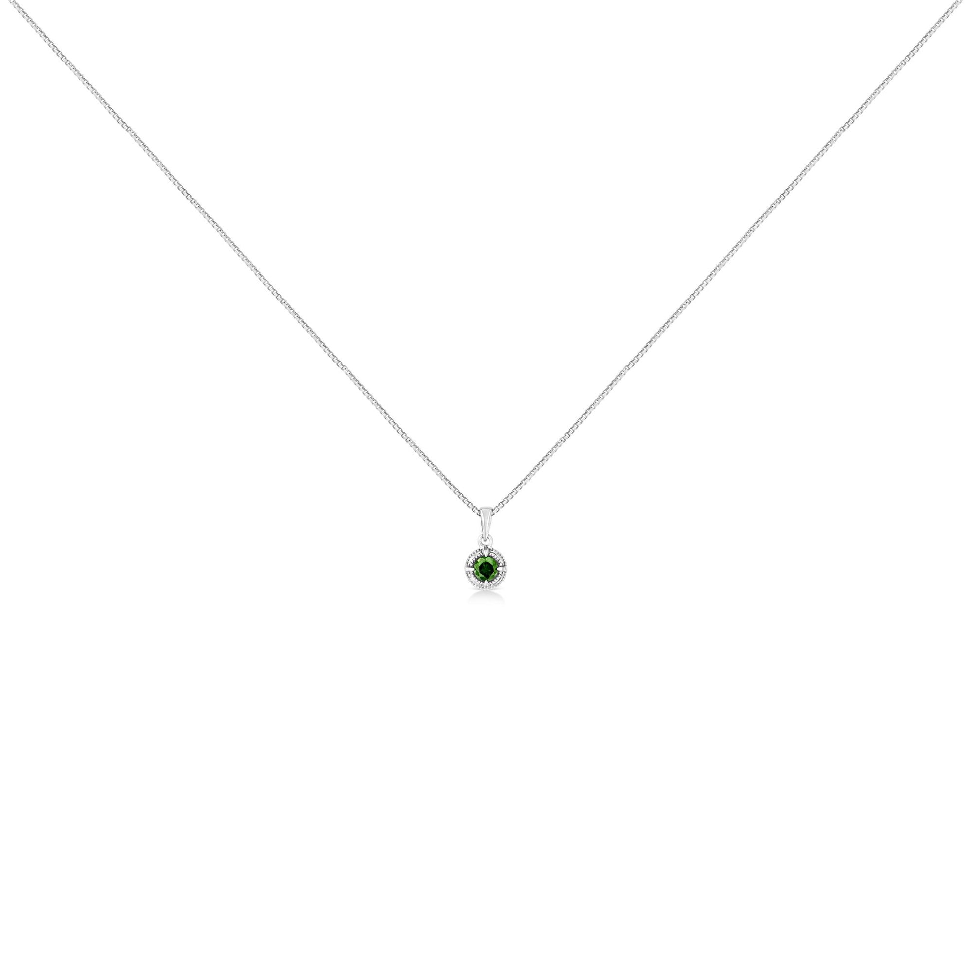 Front view of a white metal necklace with a round green gemstone in a 4-prong setting pendant.