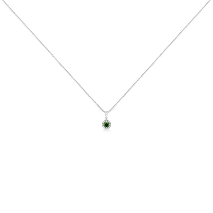 Front view of a white metal necklace with a round green gemstone in a 4-prong setting pendant.