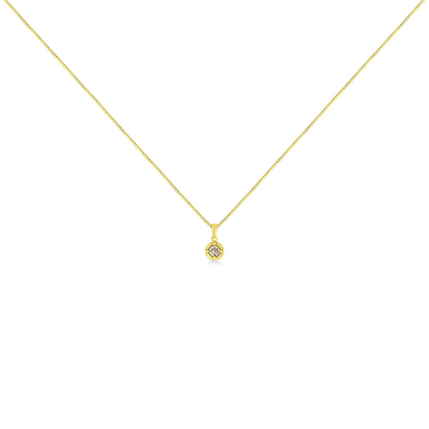 Front view of a yellow necklace with a round brownish gemstone pendant in a 4-prong setting.