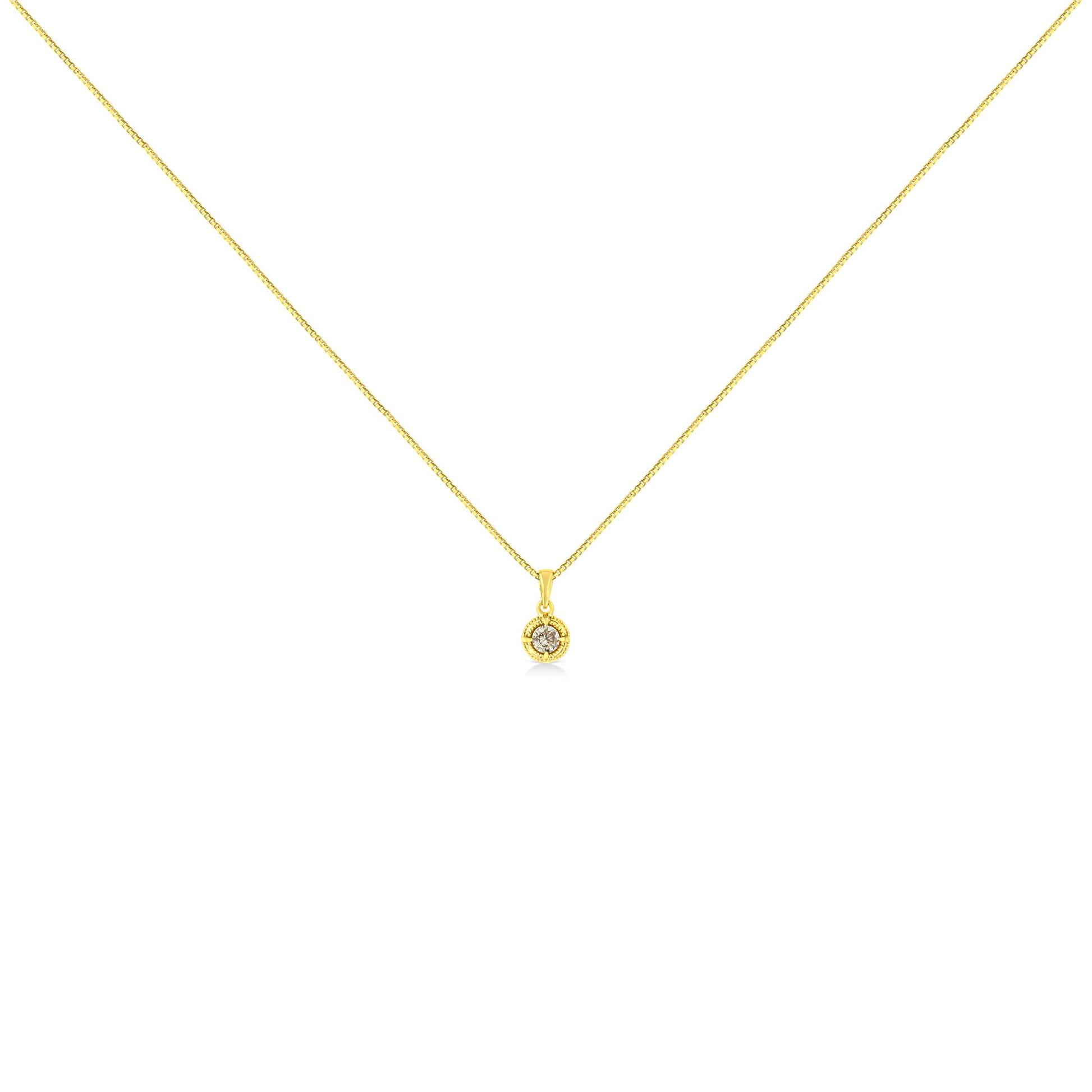 Front view of a yellow necklace with a round brownish gemstone pendant in a 4-prong setting.