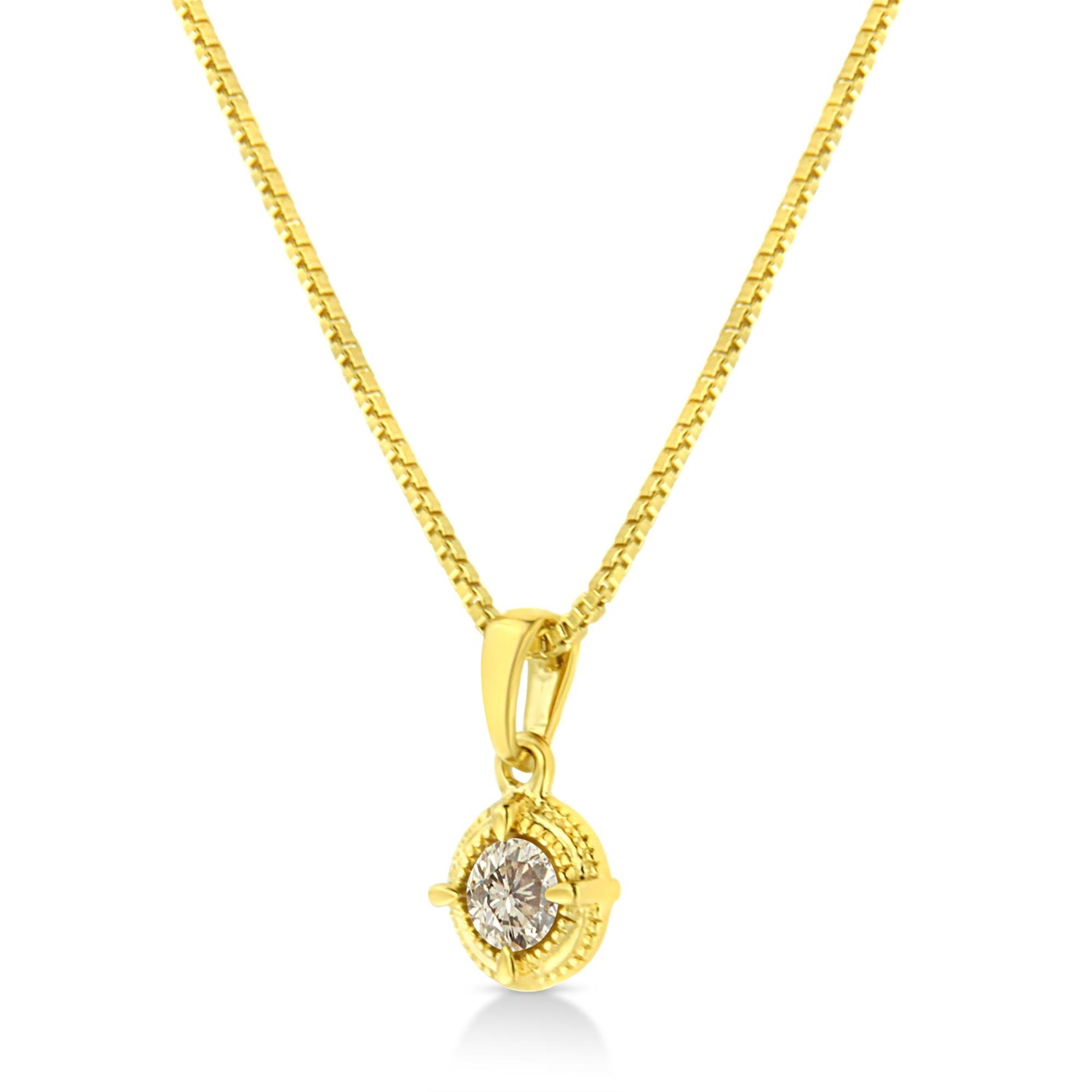 Front angle view of a yellow metal necklace with a round brownish gemstone in a four-prong setting pendant.