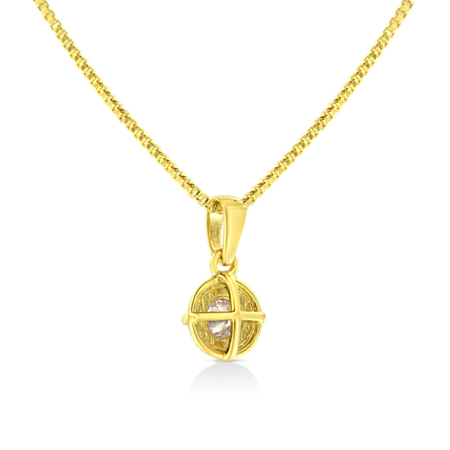 Front angle view of a yellow metal necklace with a round brownish gemstone in a 4-prong setting pendant.