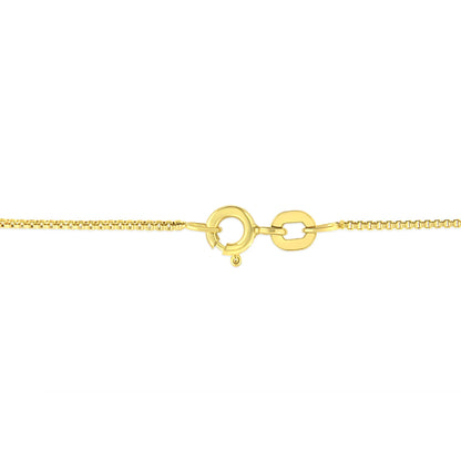 Close-up front angle of a yellow metal necklace clasp with box chain links.