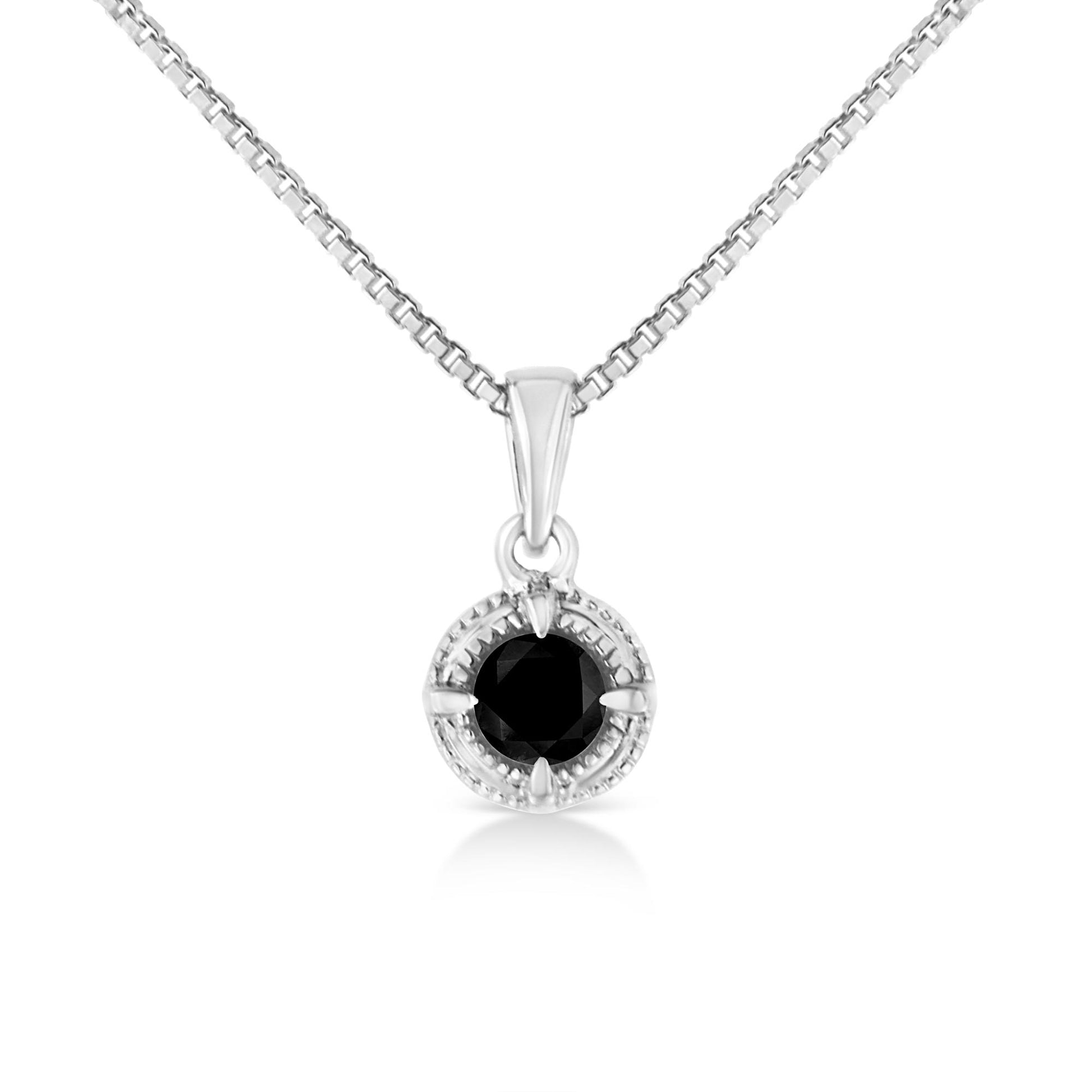 Front view of a white necklace with a round black gemstone in a 4-prong setting.