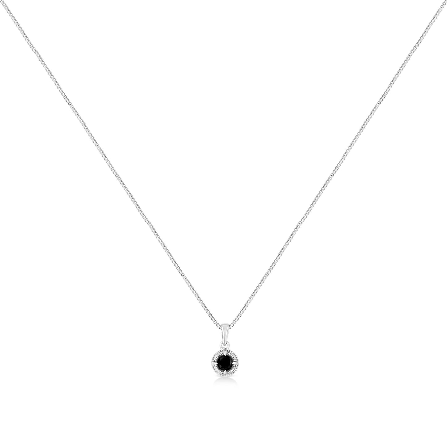 Front view of white necklace with a round black gemstone pendant in a four-prong setting.
