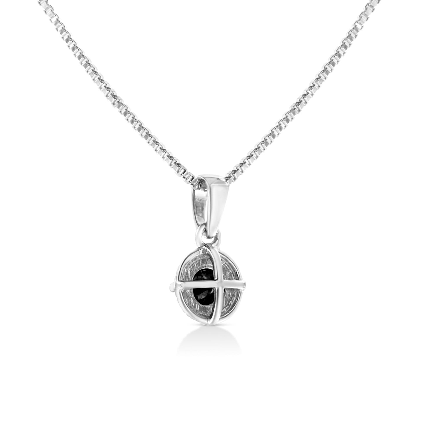 Front view of a white metal necklace with a round pendant featuring a black gemstone in a 4-prong setting.