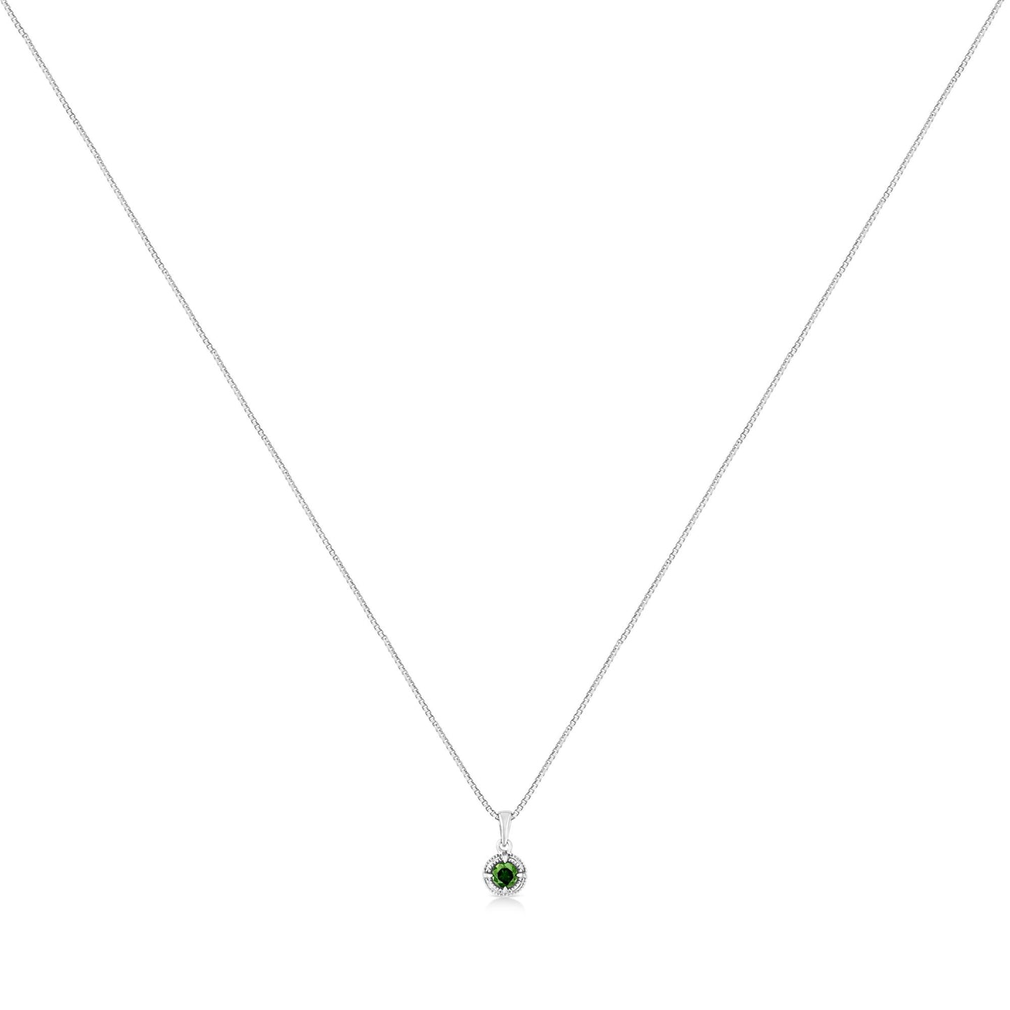 Front view of a white necklace with a small pendant featuring a round green gemstone in a four-prong setting.