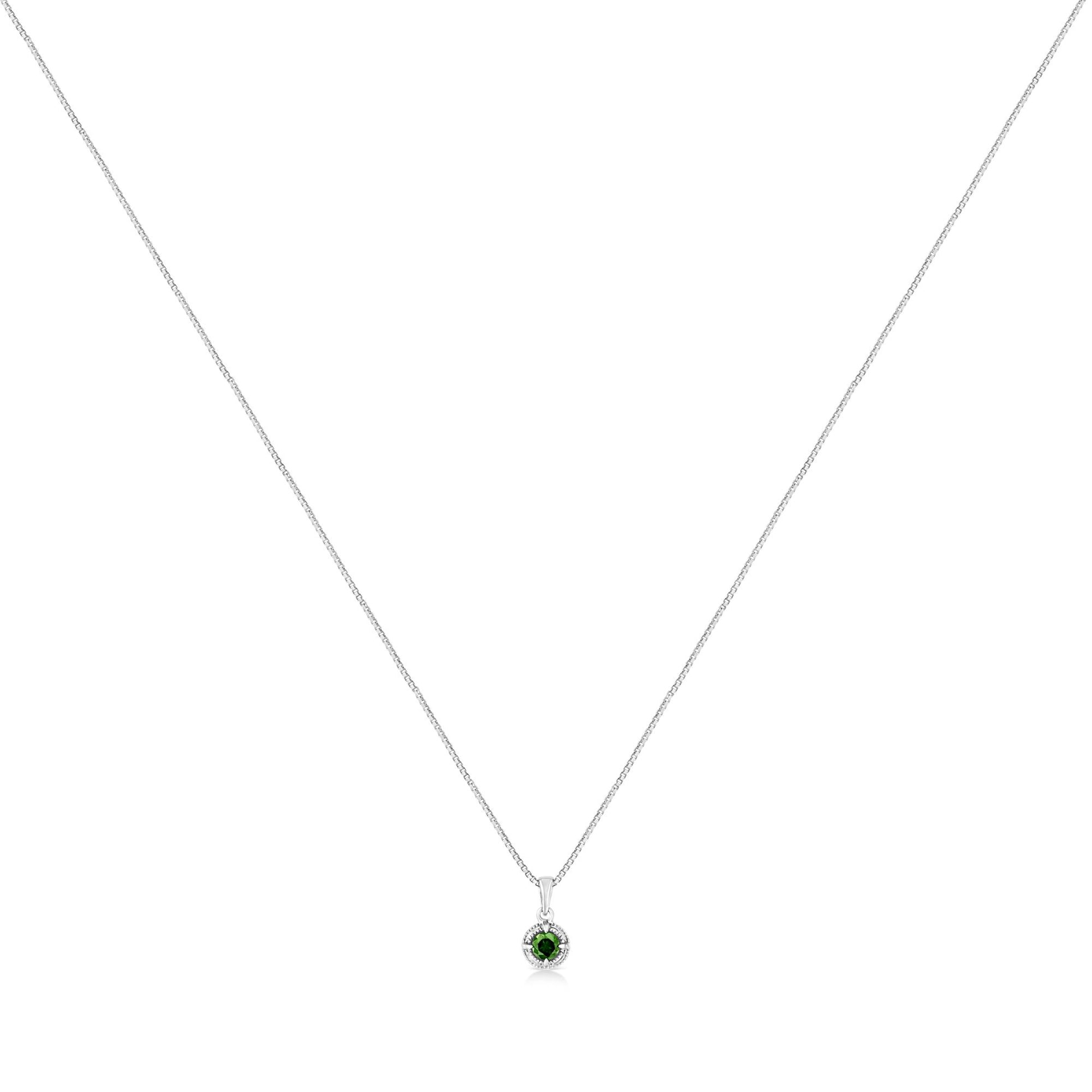 Front view of a white necklace with a small pendant featuring a round green gemstone in a four-prong setting.