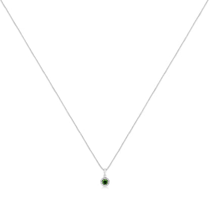 Front view of a white necklace with a small pendant featuring a round green gemstone in a four-prong setting.
