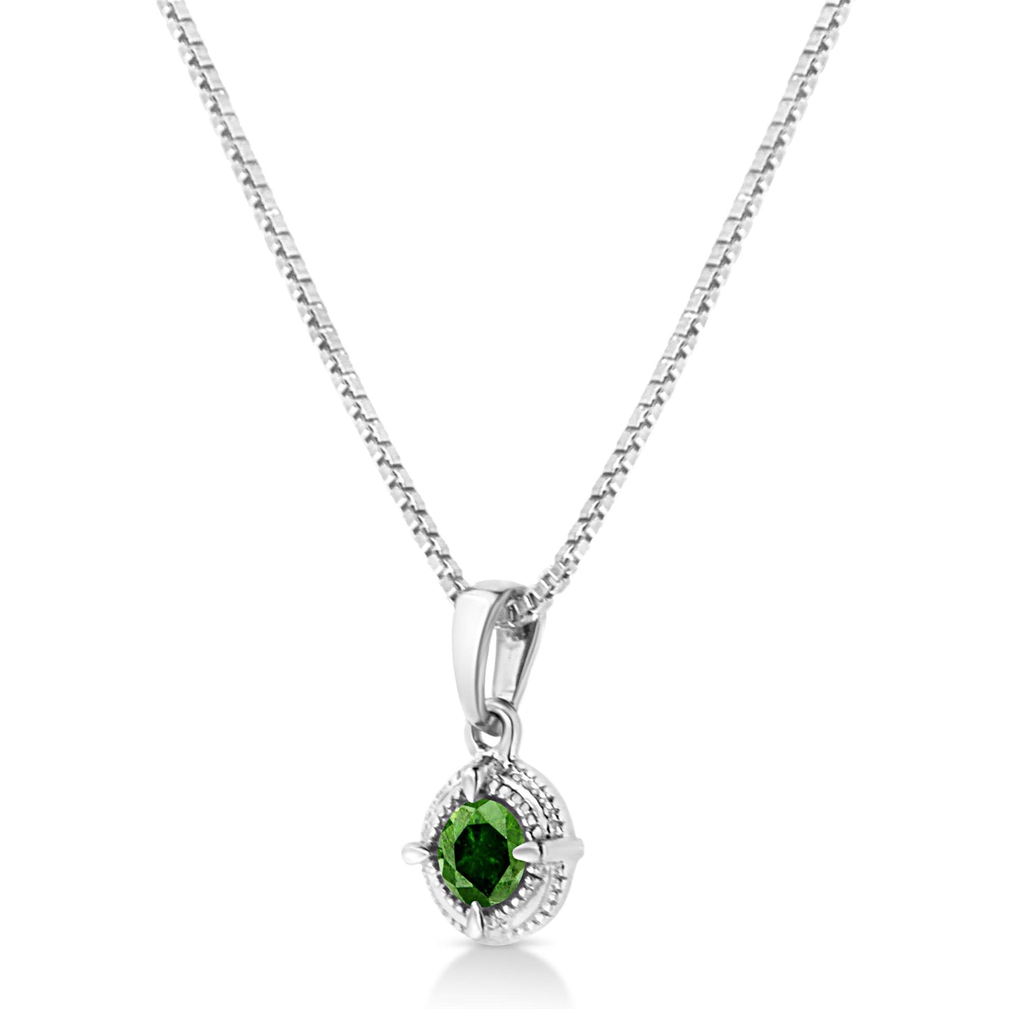 White necklace with a round green gemstone in a four-prong setting, shown from the front angle.