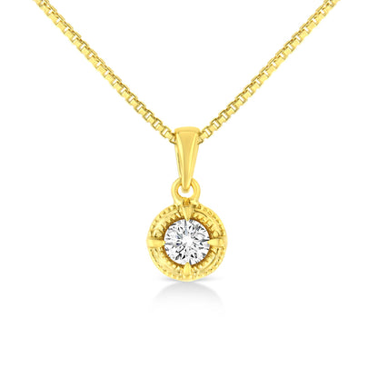 Front view of a yellow metal necklace with a round white gemstone in a four-prong setting pendant.
