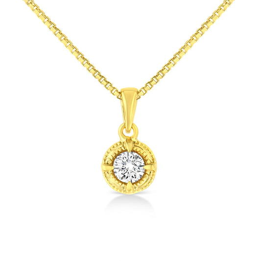 Front view of a yellow metal necklace with a round white gemstone in a four-prong setting pendant.