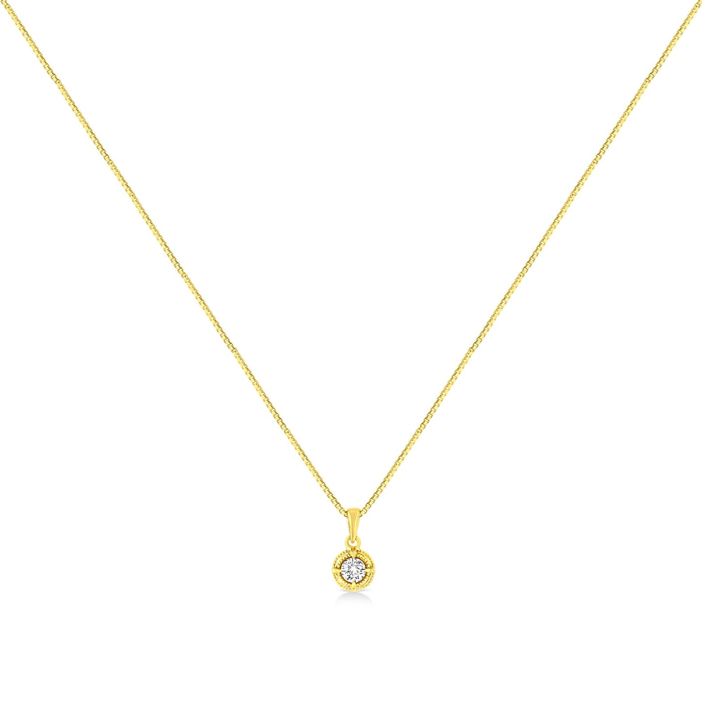 Yellow metal necklace with a small round pendant featuring a single brownish round gemstone in a four-prong setting, shown from the front.