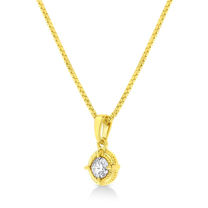 Front angled view of a yellow metal necklace with a round white gemstone in a 4-prong setting pendant.