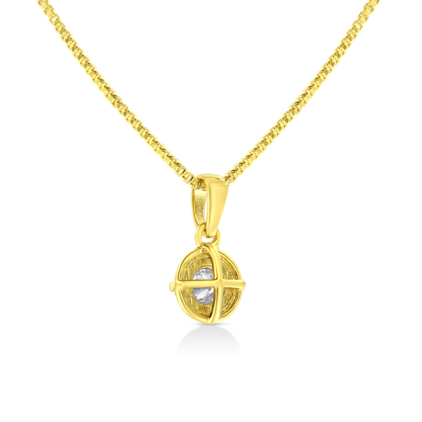 Front view of a yellow necklace with a round brownish gemstone in a four-prong setting pendant.