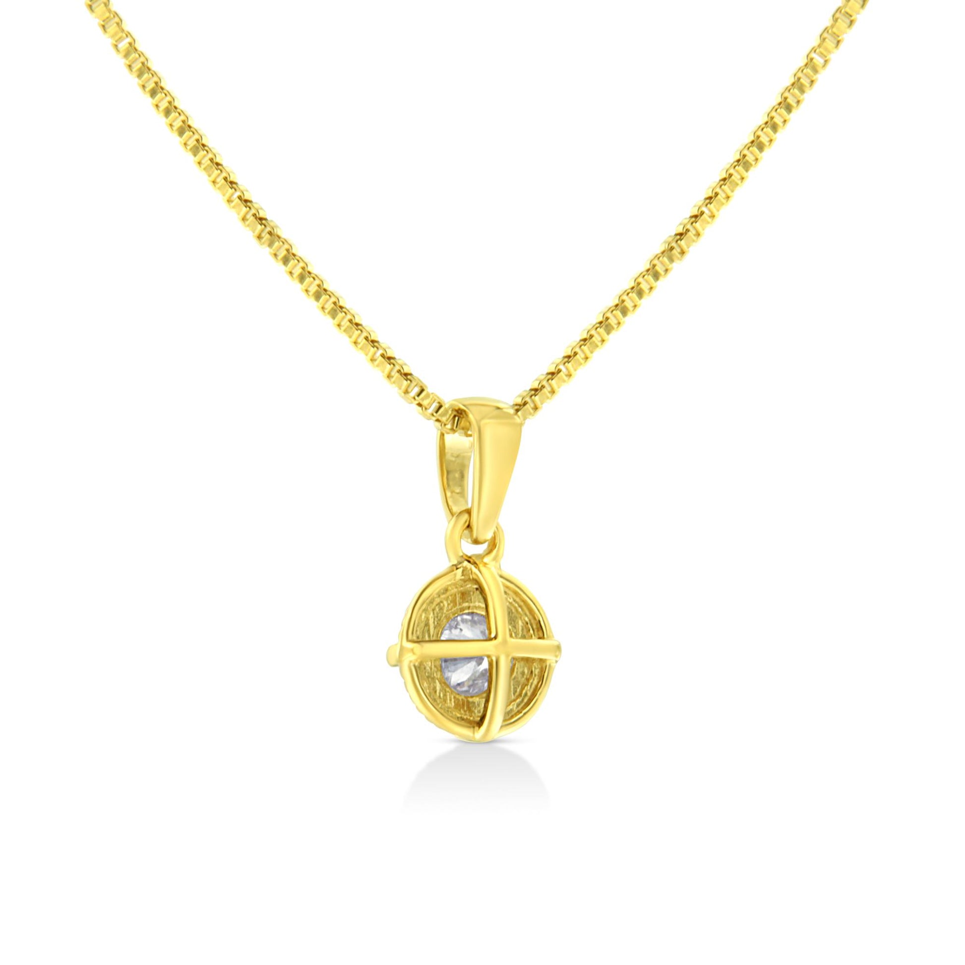 Front view of a yellow necklace with a round brownish gemstone in a four-prong setting pendant.
