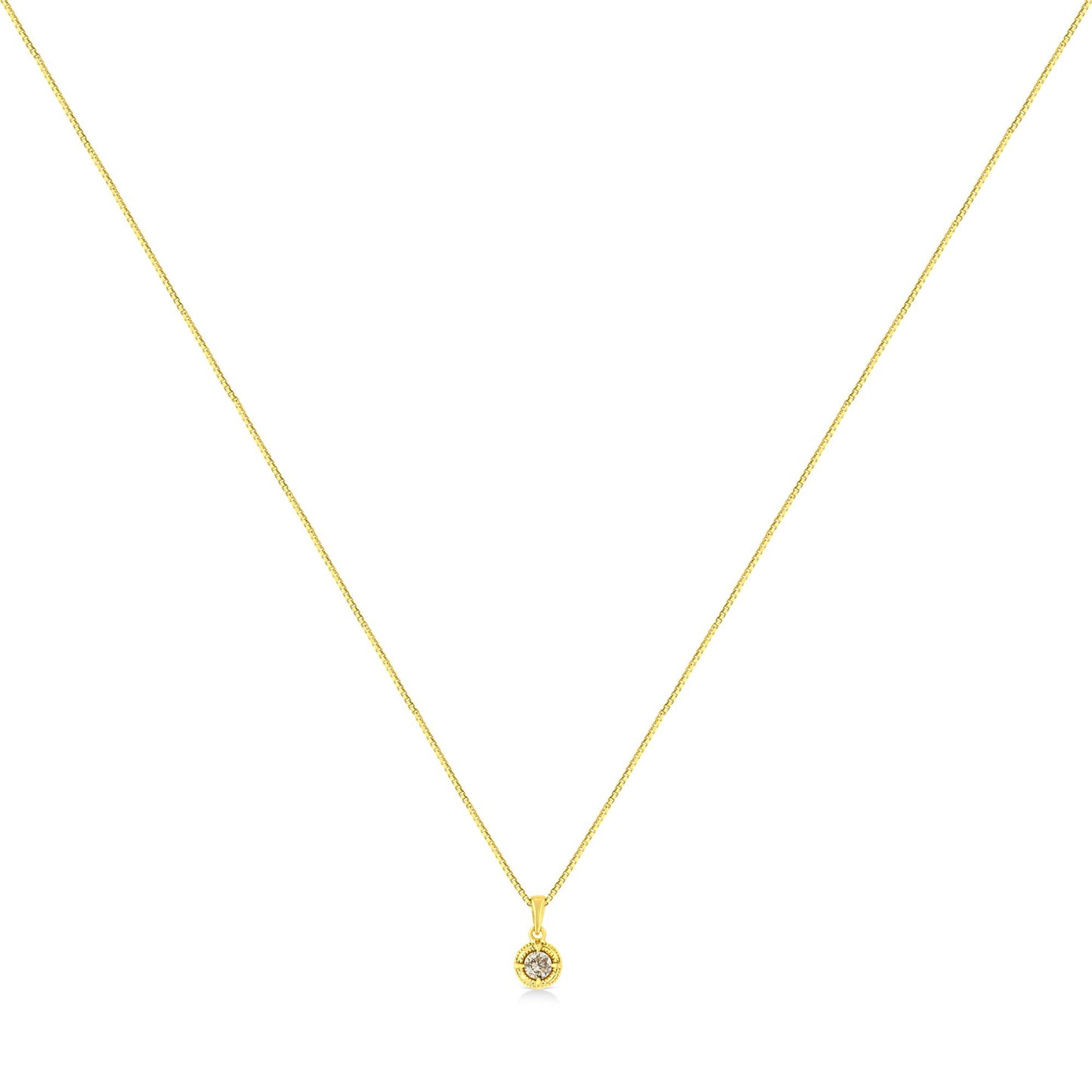 Front view of a yellow metal necklace with a small pendant featuring one round brownish gemstone in a four-prong setting on a white background.