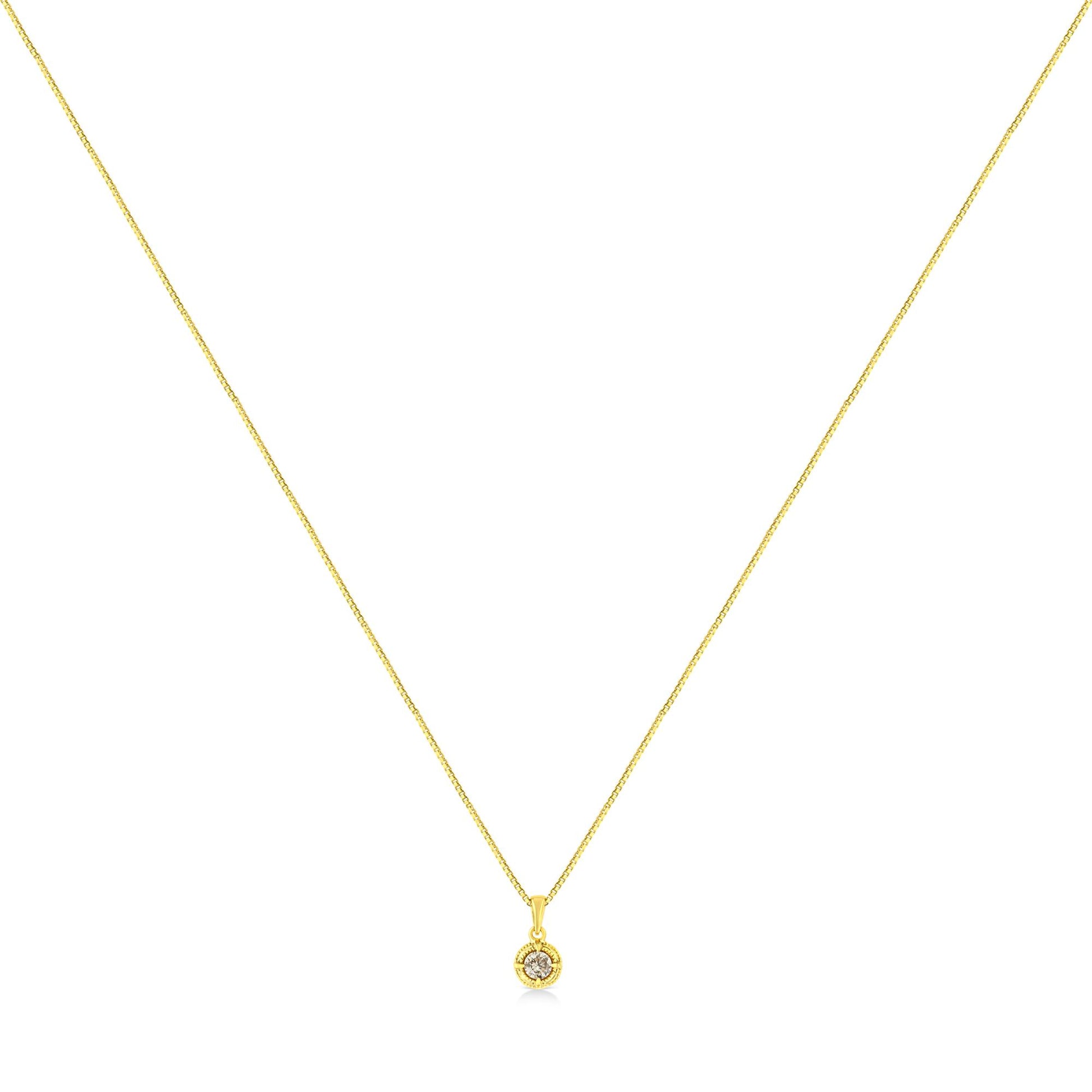 Front view of a yellow metal necklace with a small pendant featuring one round brownish gemstone in a four-prong setting on a white background.