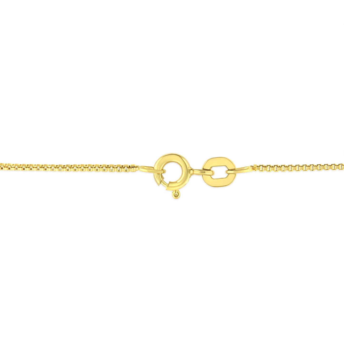 Close-up front view of the clasp of a yellow necklace chain on a white background.