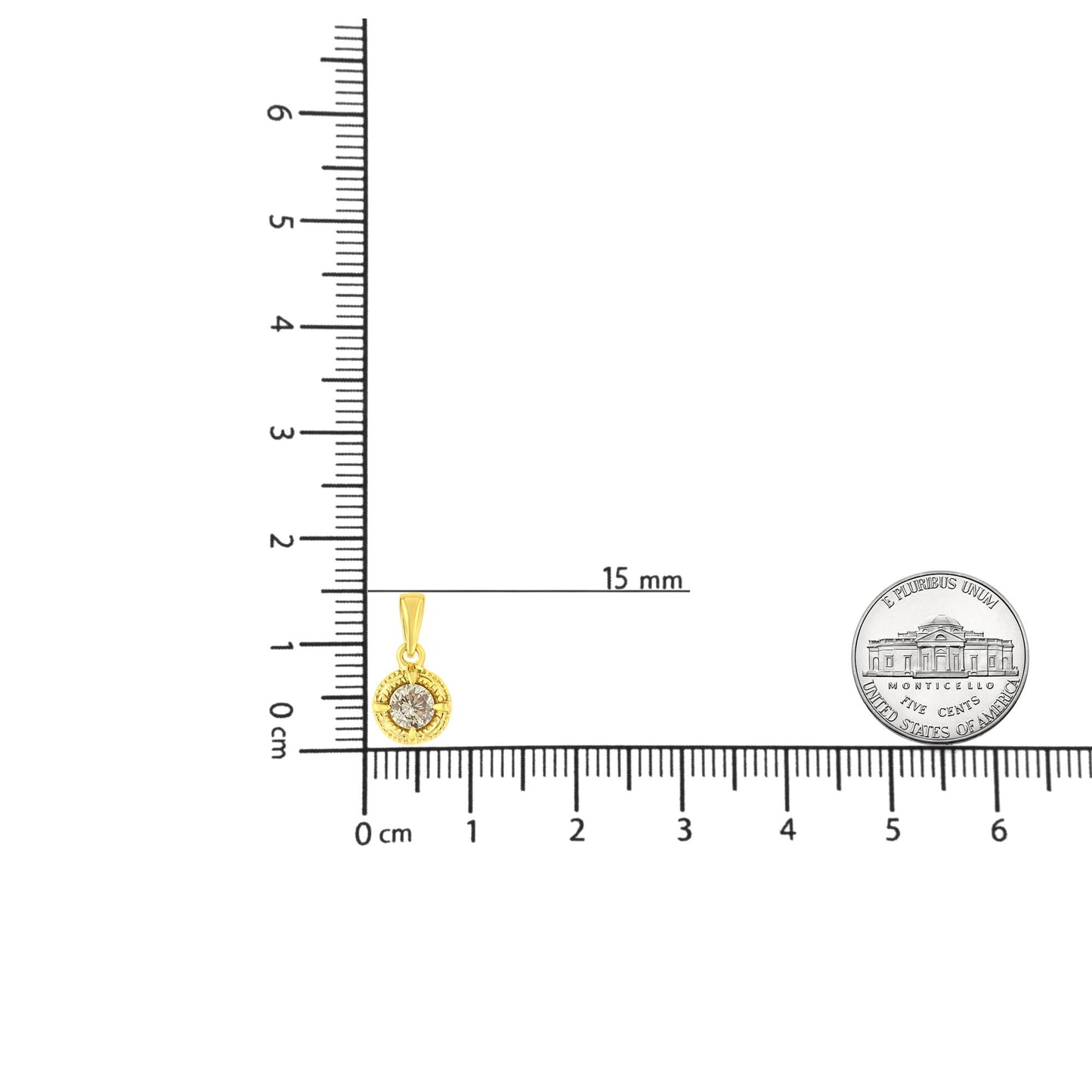Yellow necklace pendant with a round brownish gemstone in a four-prong setting, shown on a ruler for size reference.