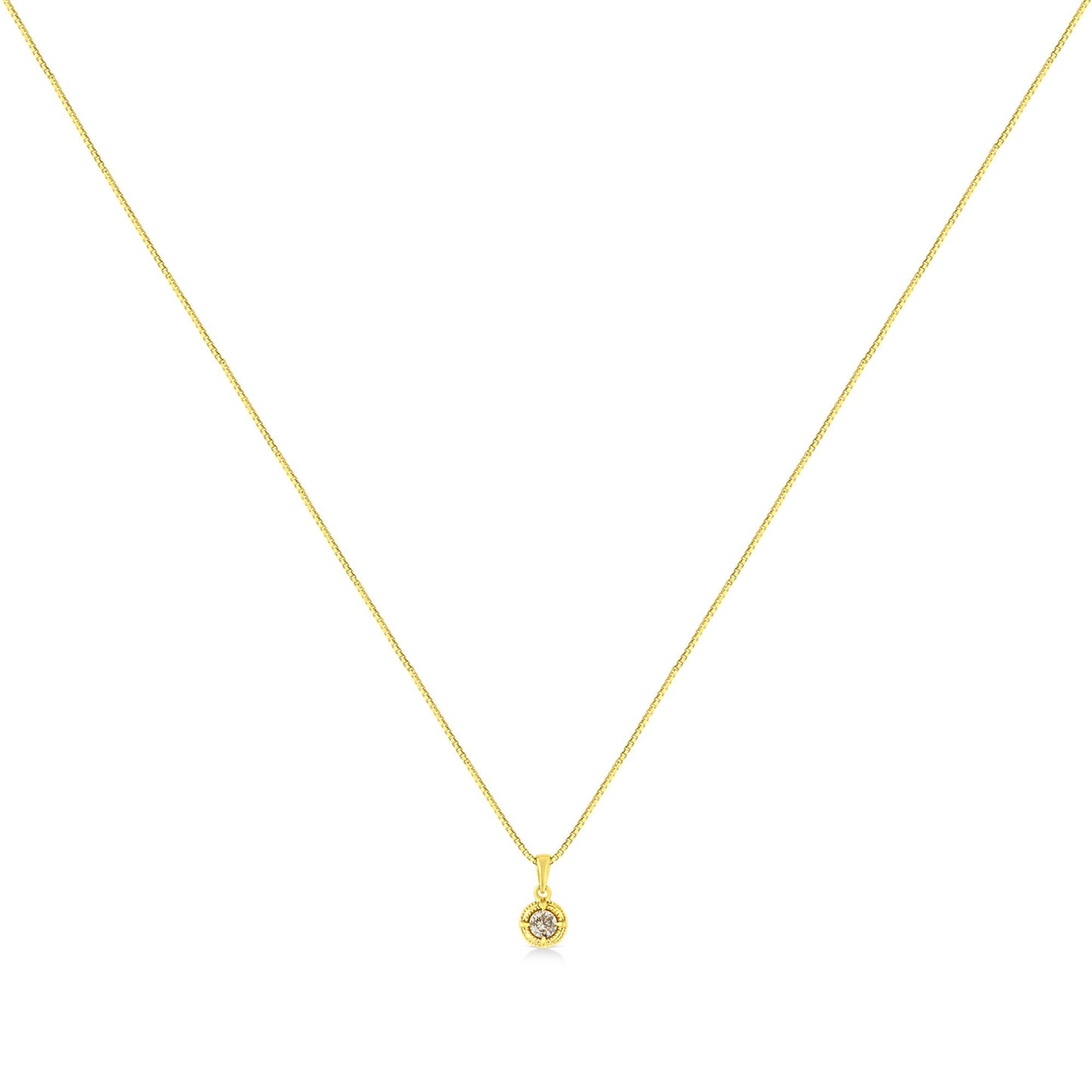 Front view of yellow necklace with single brownish round gemstone in four-prong setting pendant.